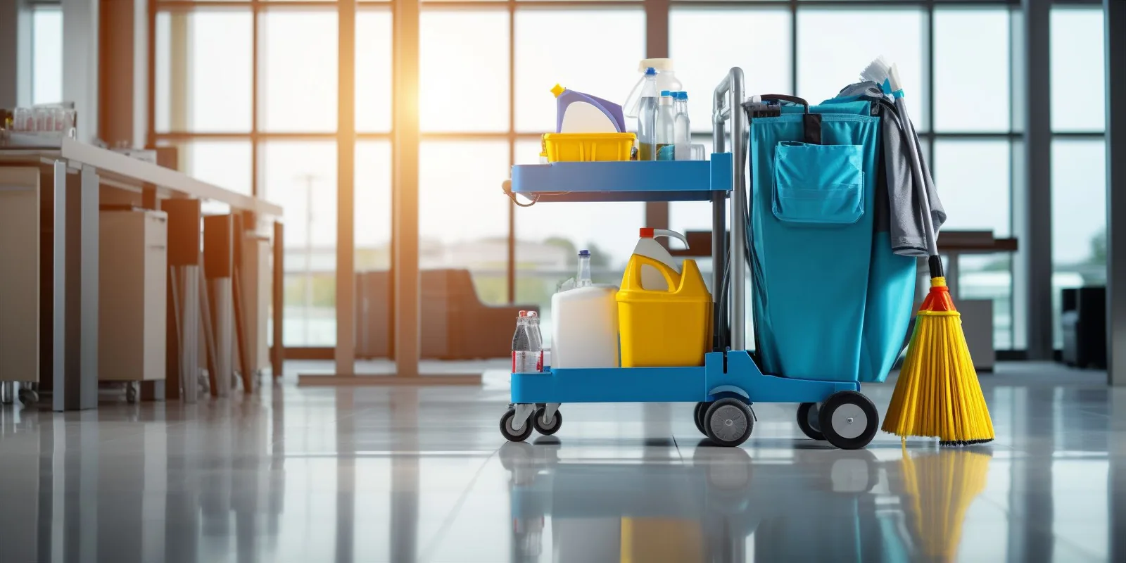 Professional cleaning equipment in a bright office