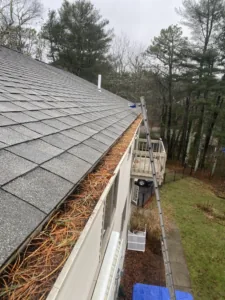 A leaf-filled roof gutter before cleaning