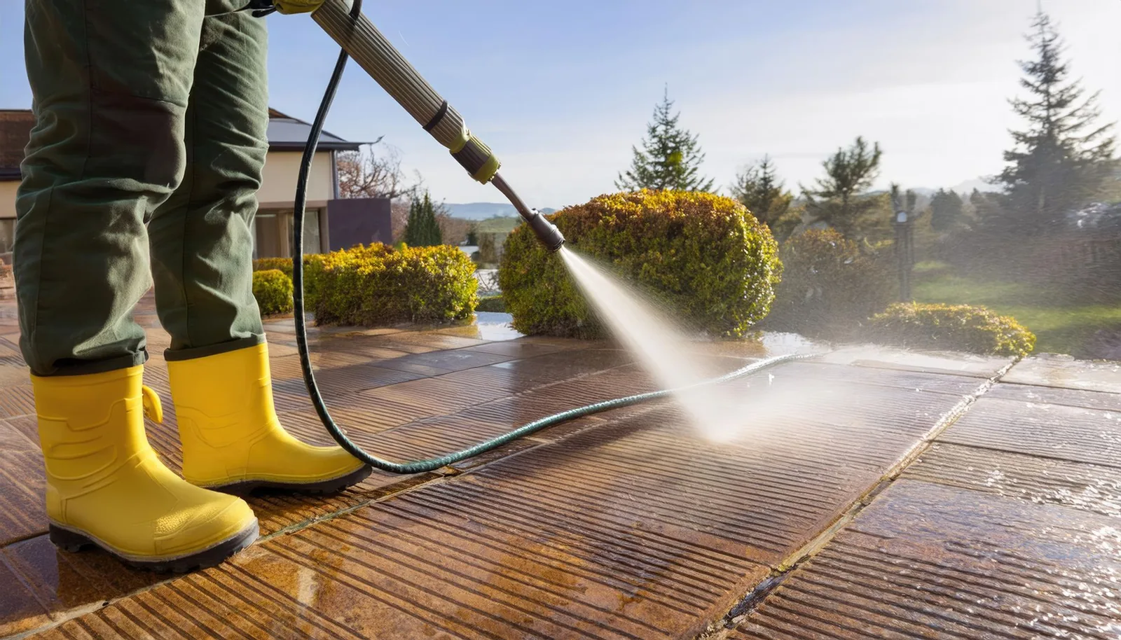 A professional pressure washing an outdoor surface