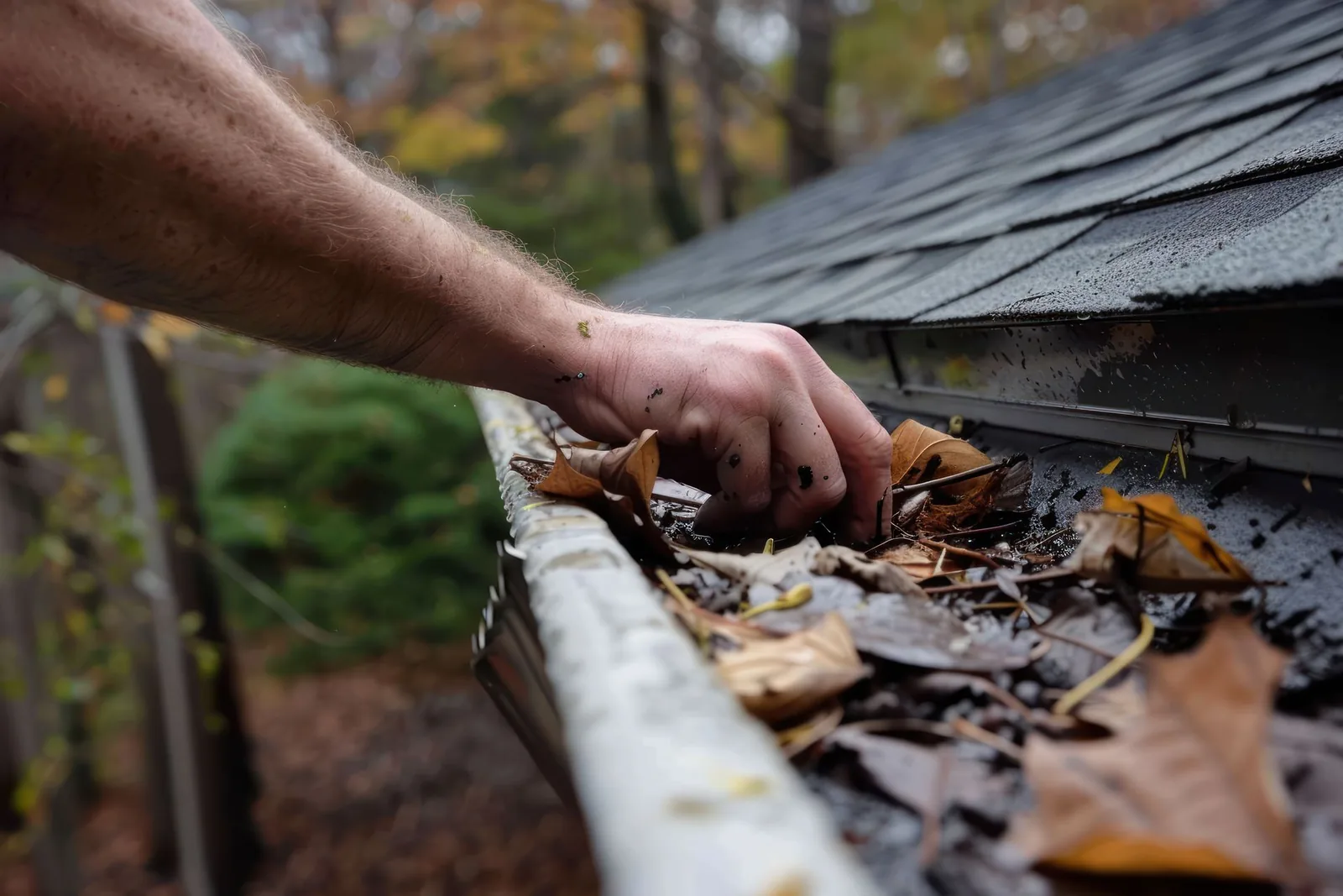 Leaves being removed from a gutter