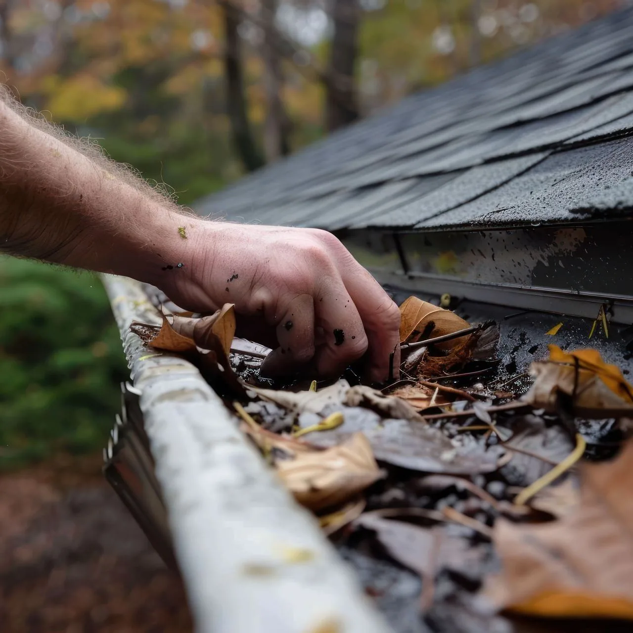 Residential gutter cleaning in progress